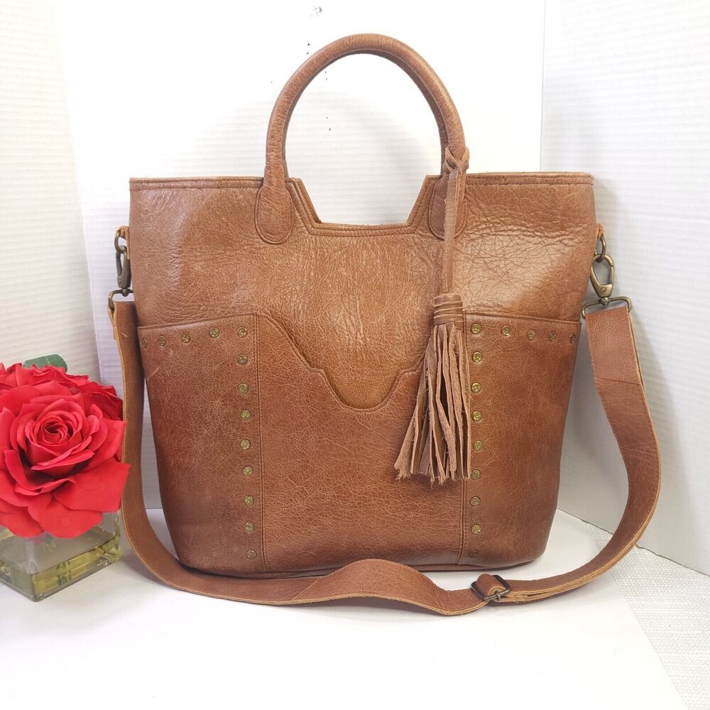 Tony Lama Large Leather Studded Crossbody Tote Bag W/ Adjustable Strap